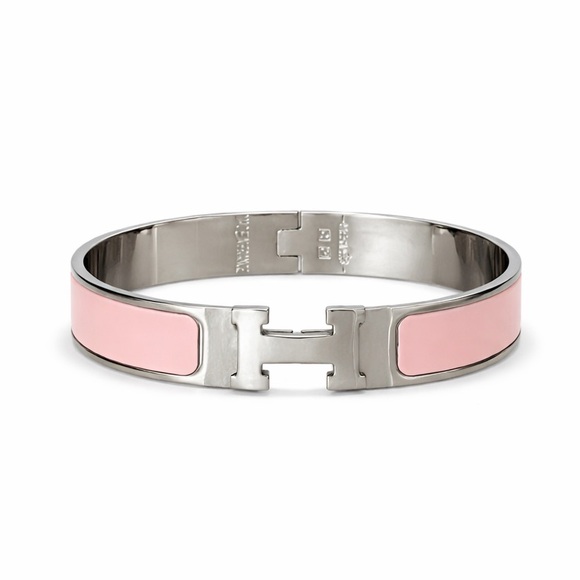 nobrand Jewelry - Hermes Inspired Pink Enamel H Bangle Bracelet Silver Tone
